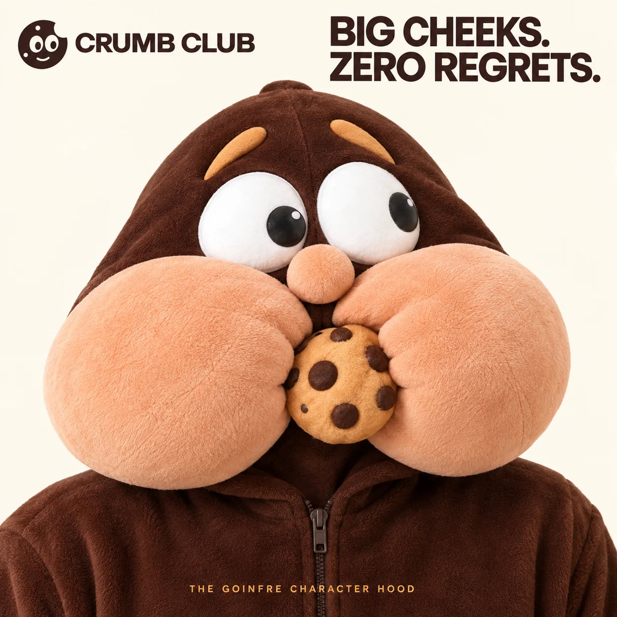 Close-up of the Goinfre hood design with oversized peach cheeks and a cookie. Big cheeks. Zero regrets.