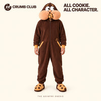 Concept front view of the cocoa Goinfre adult onesie and separate cookie slippers