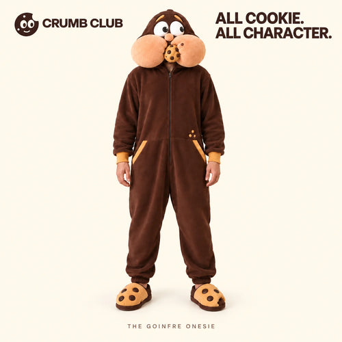 Goinfre adult cookie onesie, front design concept with matching cookie slippers.