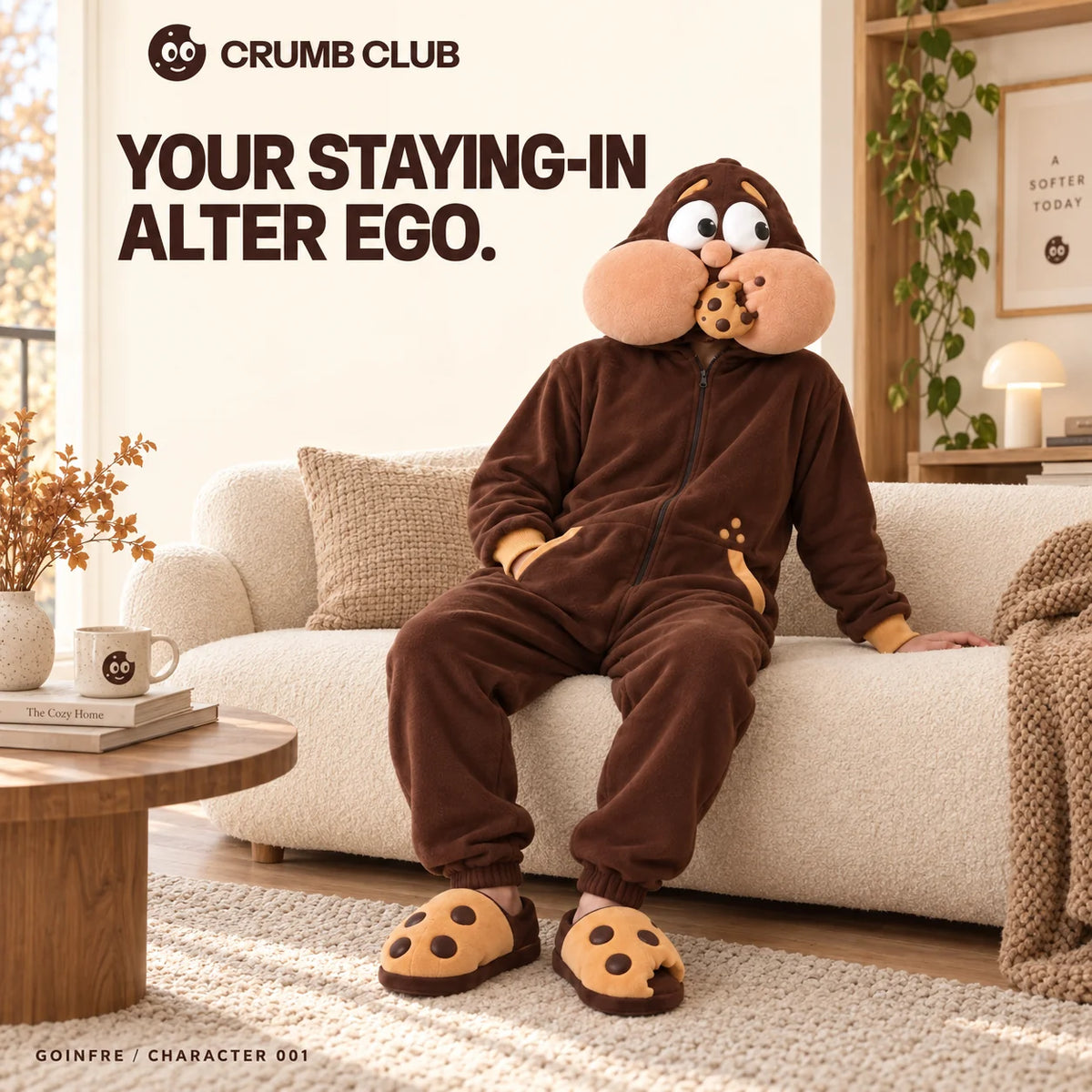 Goinfre design concept worn on a cream sofa with its sculpted hood and separate cookie slippers. Your staying-in alter ego.