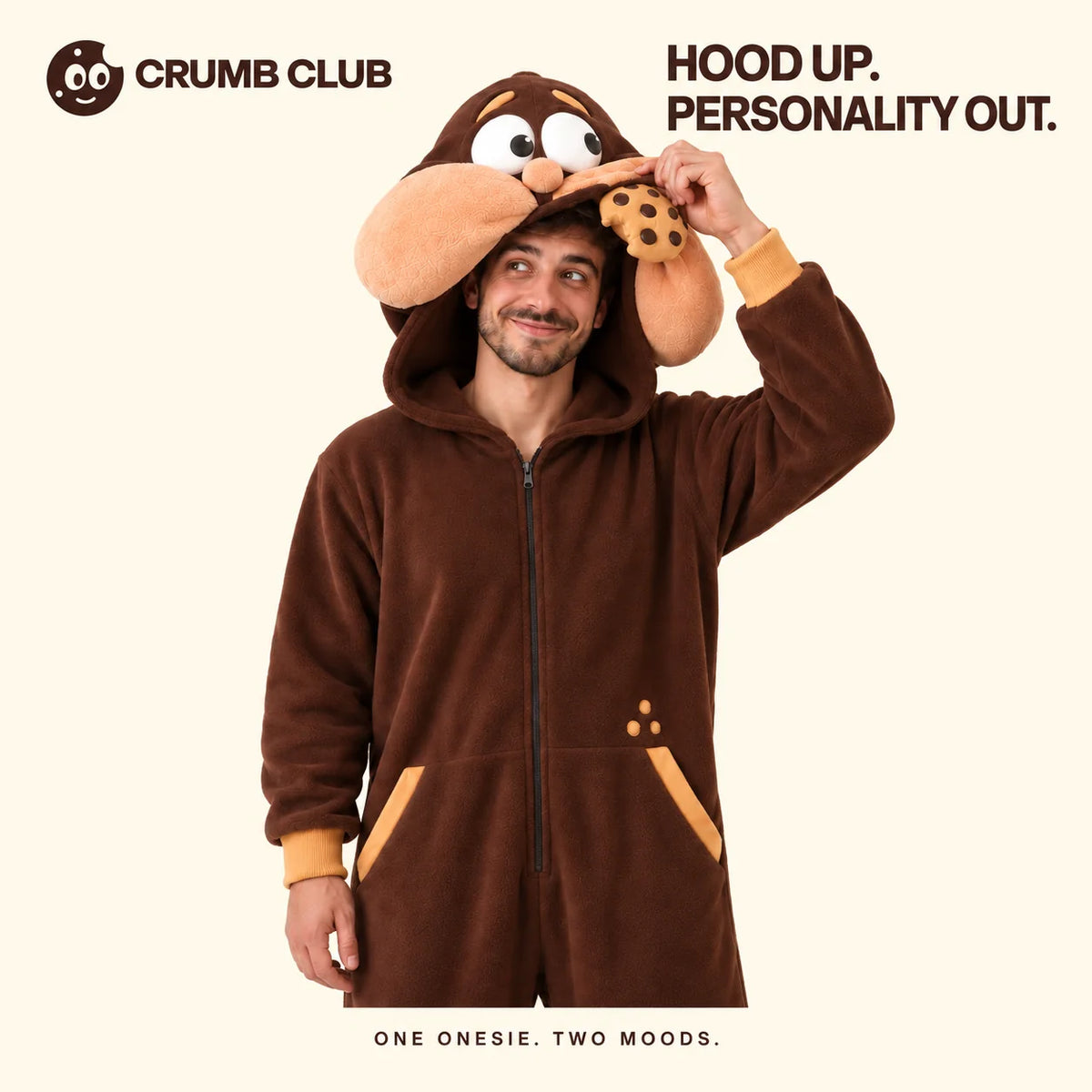 Concept view of the wearer lifting the character hood